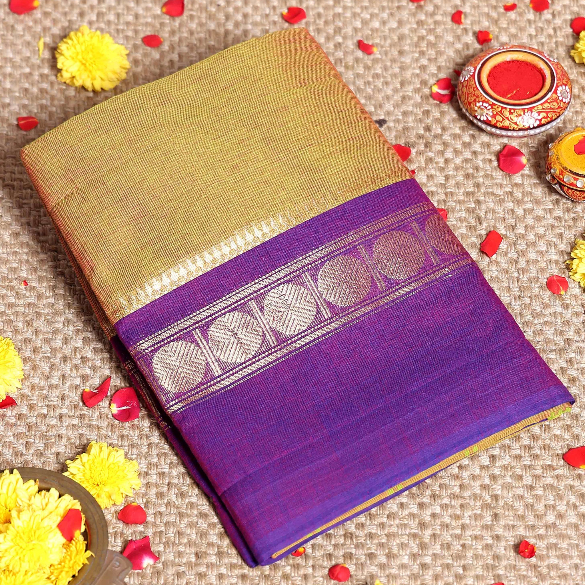 Handloom Pure Handwoven Kanchi Cotton Saree with Traditional Contrast Zari Border and Pallu - Mustard Yellow