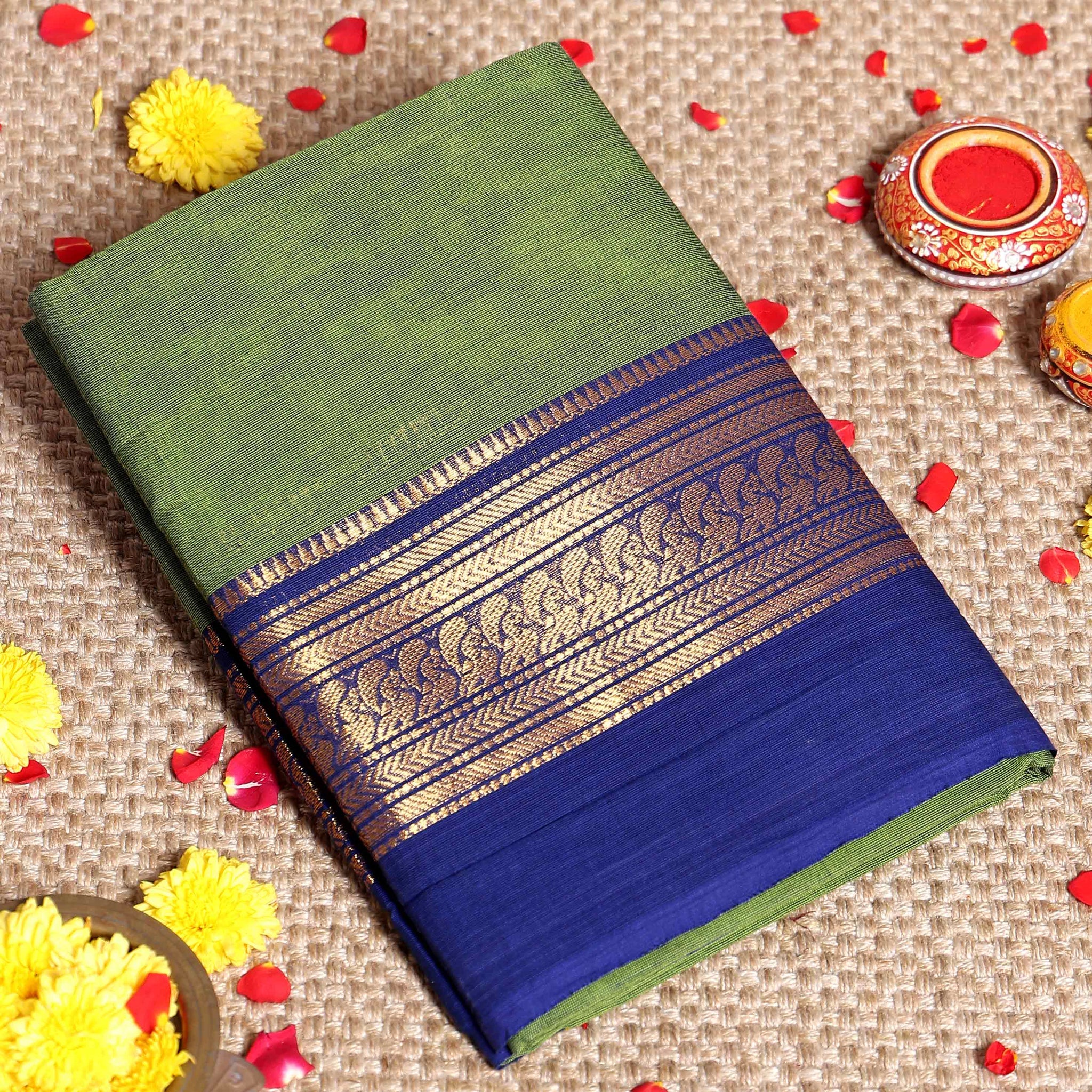 Traditional Handloom Kanchi Cotton Saree with Intricate Zari Border - Green