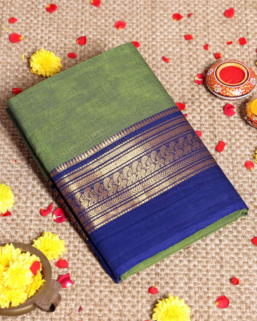 Traditional Handloom Kanchi Cotton Saree with Intricate Zari Border - Green
