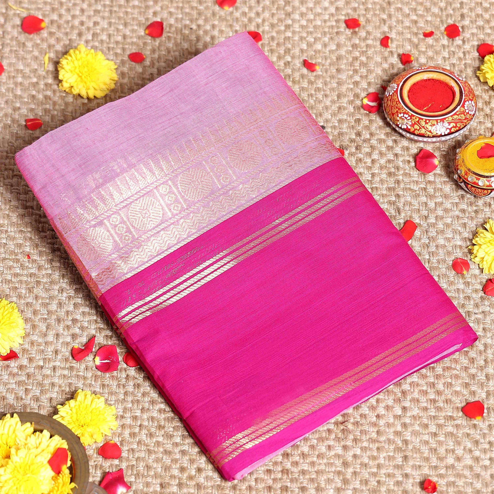 Traditional Handloom Kanchi Cotton Saree with Intricate Zari Border and Pallu - Pink