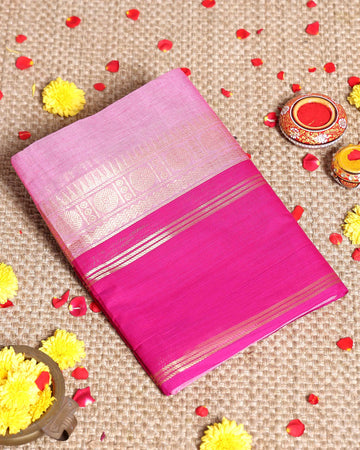 Traditional Handloom Kanchi Cotton Saree with Intricate Zari Border and Pallu - Pink