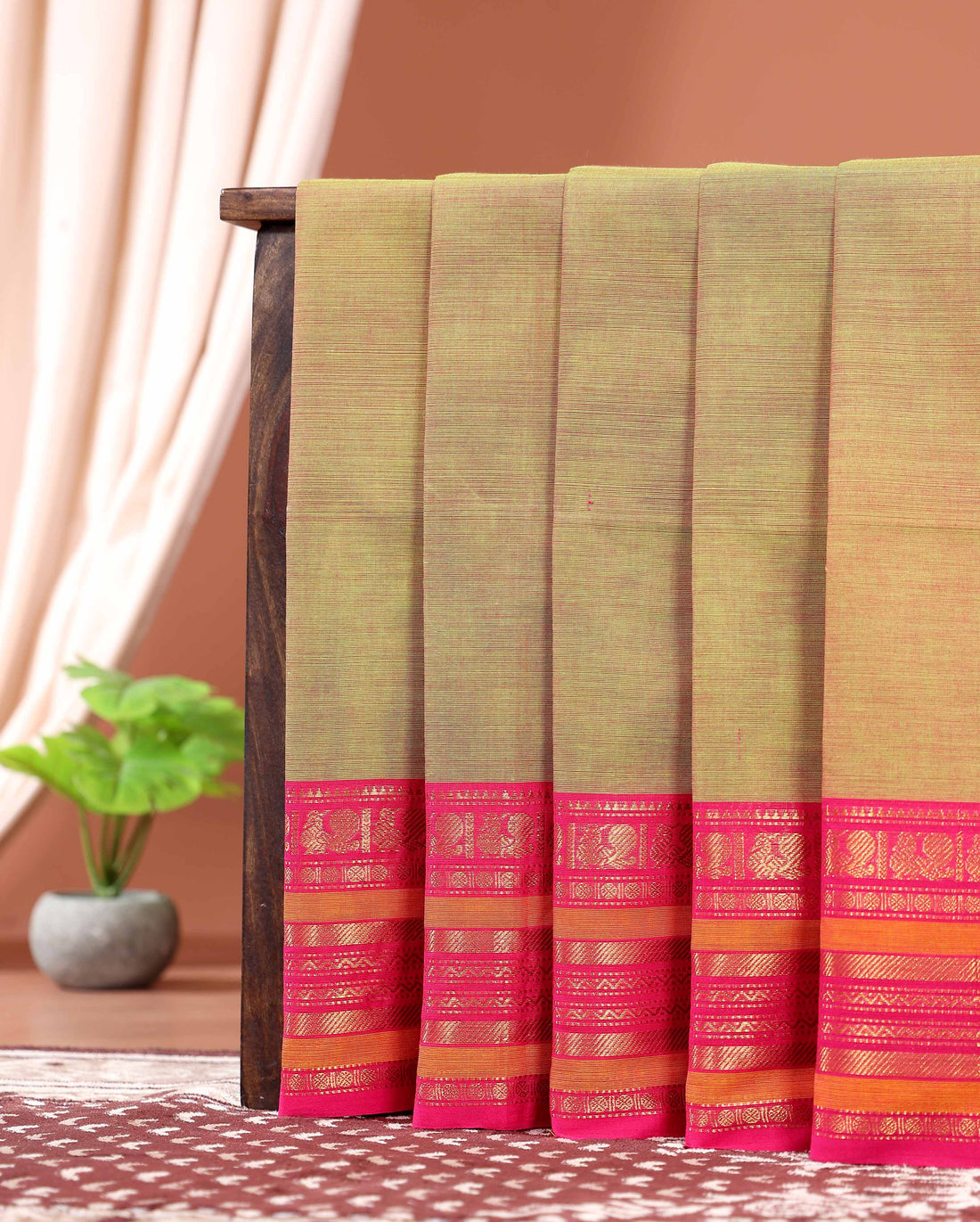Traditional Handloom Kanchipuram Cotton Saree with Traditional Zari Border - Olive Green