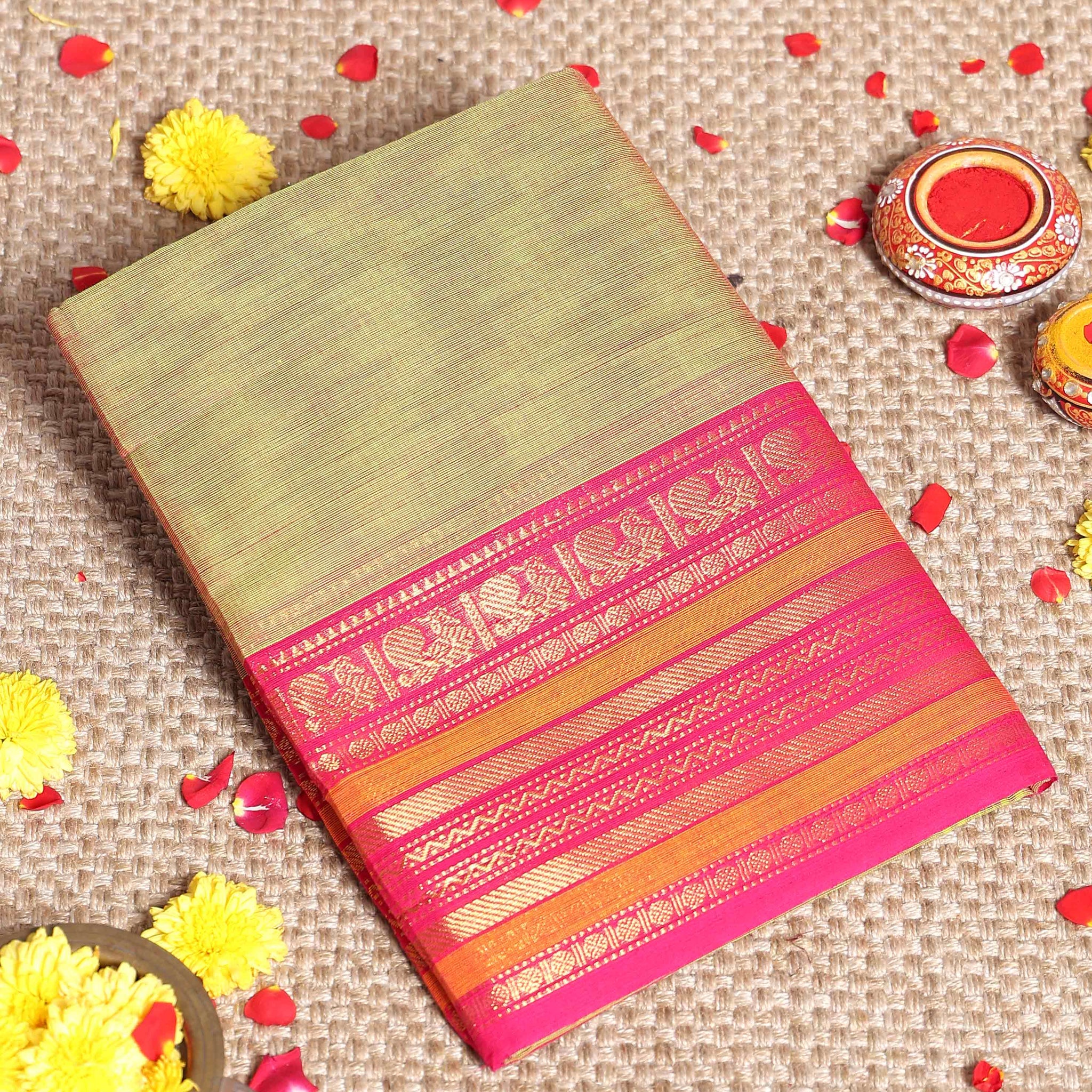 Traditional Handloom Kanchipuram Cotton Saree with Traditional Zari Border - Olive Green