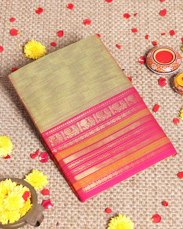 Traditional Handloom Kanchipuram Cotton Saree with Traditional Zari Border - Olive Green