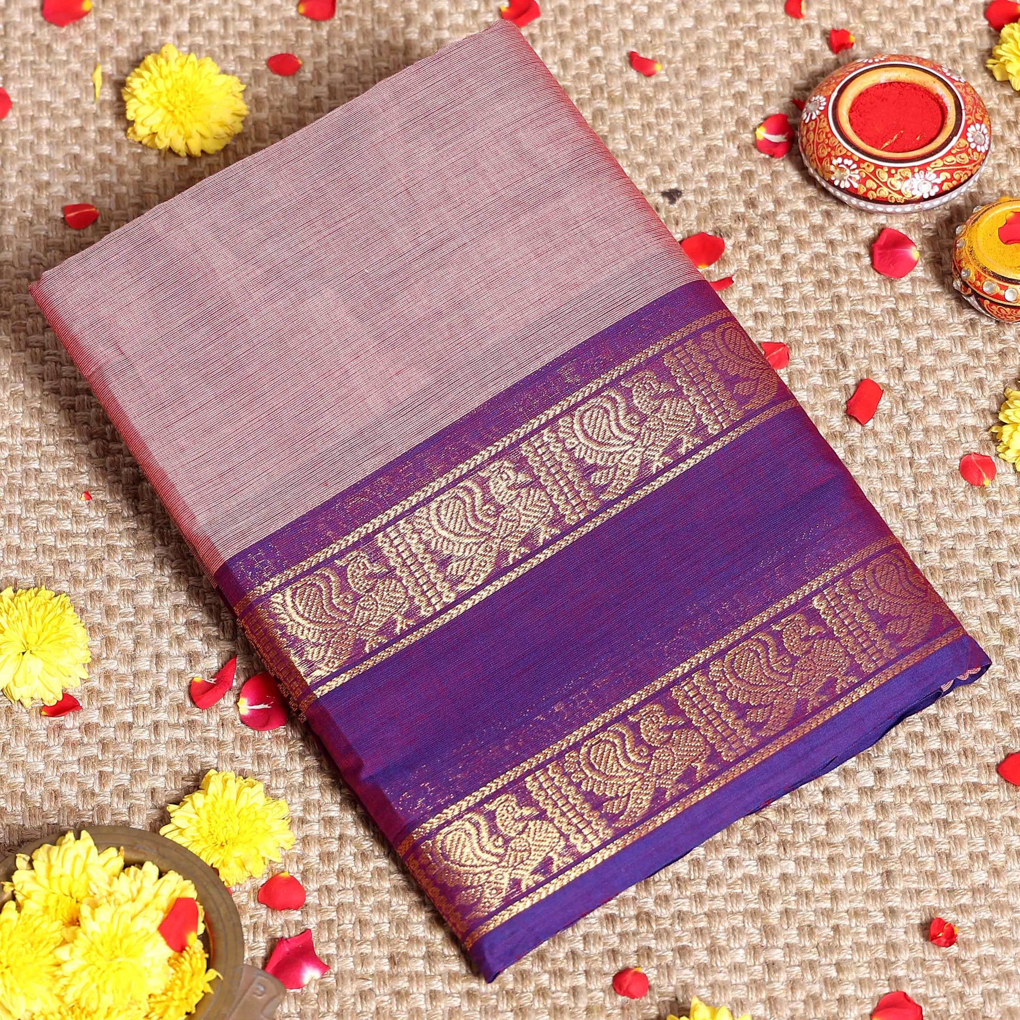 Traditional Handloom Kanchi Cotton Saree with Zari Woven Peacock Motif Border - Onion Pink
