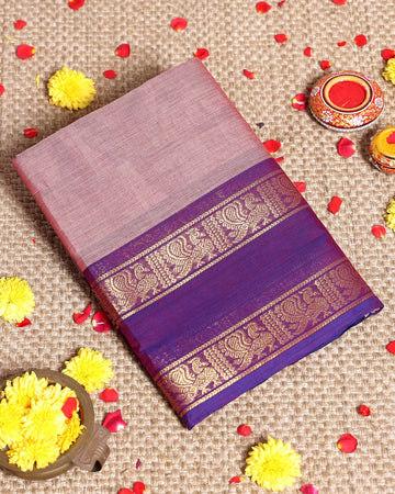 Traditional Handloom Kanchi Cotton Saree with Zari Woven Peacock Motif Border - Onion Pink