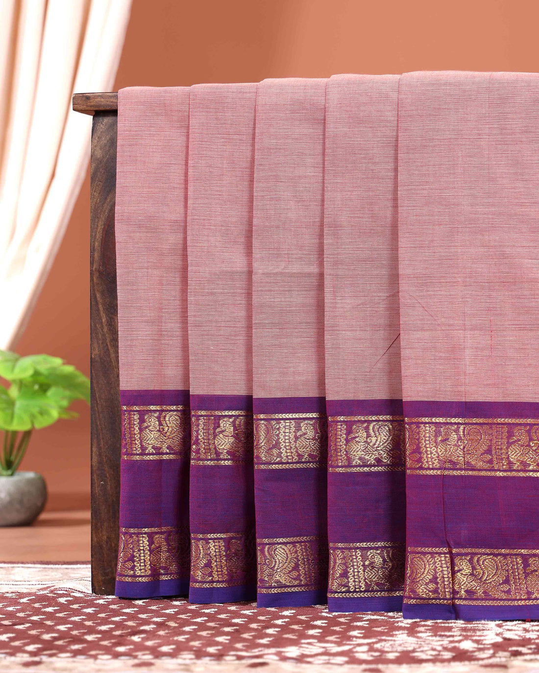 Traditional Handloom Kanchi Cotton Saree with Zari Woven Peacock Motif Border - Onion Pink