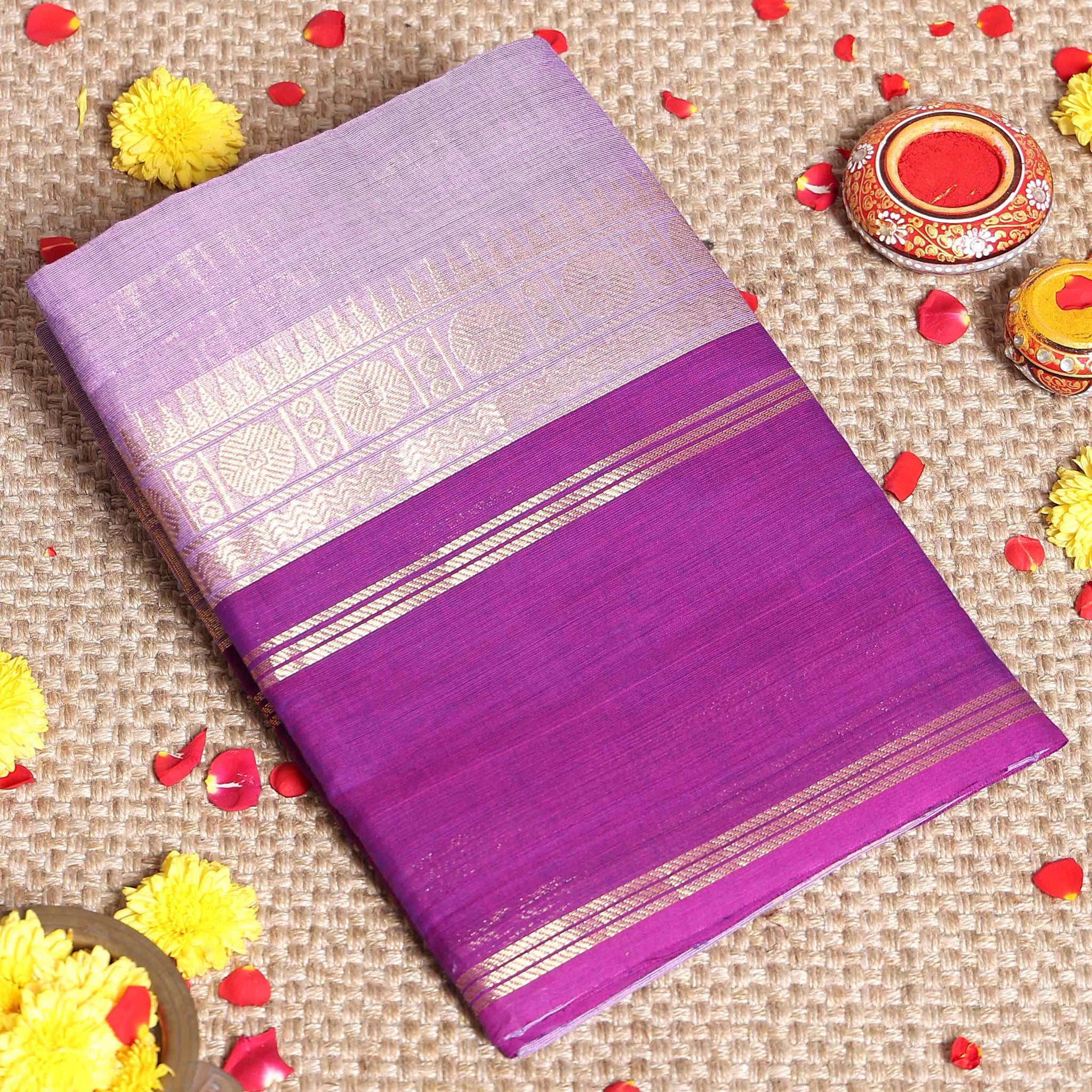 Traditional Handloom Kanchi Cotton Saree with Zari Border and Traditional Motifs - Purple
