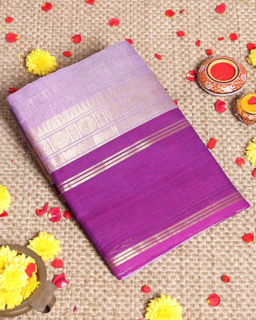 Traditional Handloom Kanchi Cotton Saree with Zari Border and Traditional Motifs - Purple