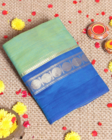 Traditional Handloom Kanchi Cotton Saree with Elegant Contrast Border and Traditional Zari Motifs - Green