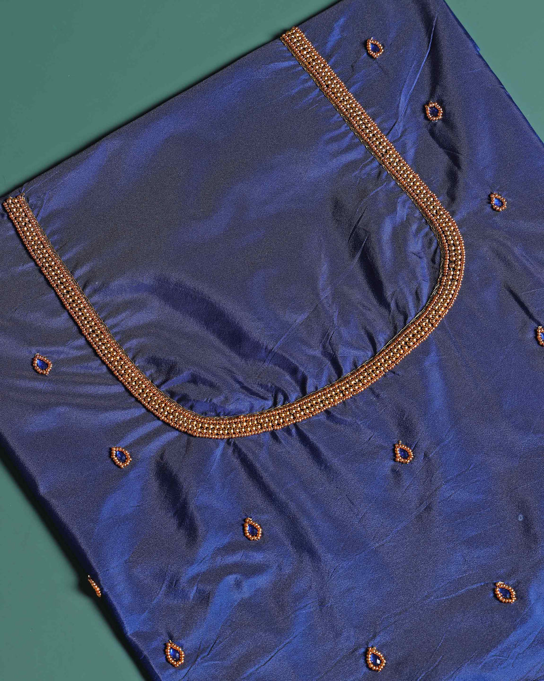 Traditional Embroidered Designer Blouse Material with Intricate Bead and Thread Work - Blue