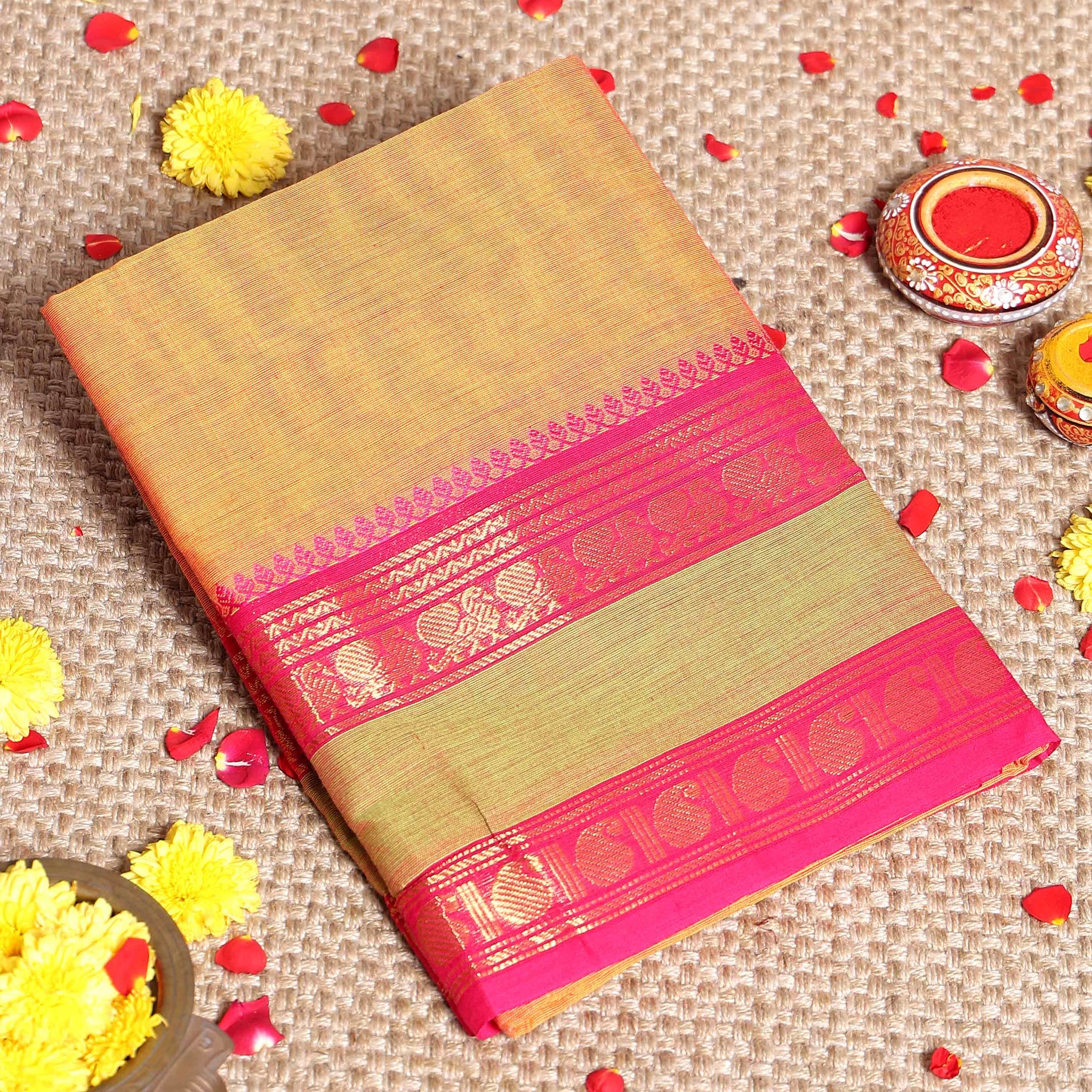 Traditional Handloom Kanchi Cotton Saree with Traditional Temple Border and Zari Motifs - Yellow