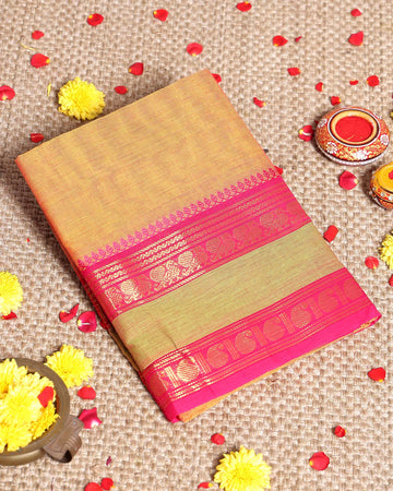 Traditional Handloom Kanchi Cotton Saree with Traditional Temple Border and Zari Motifs - Yellow