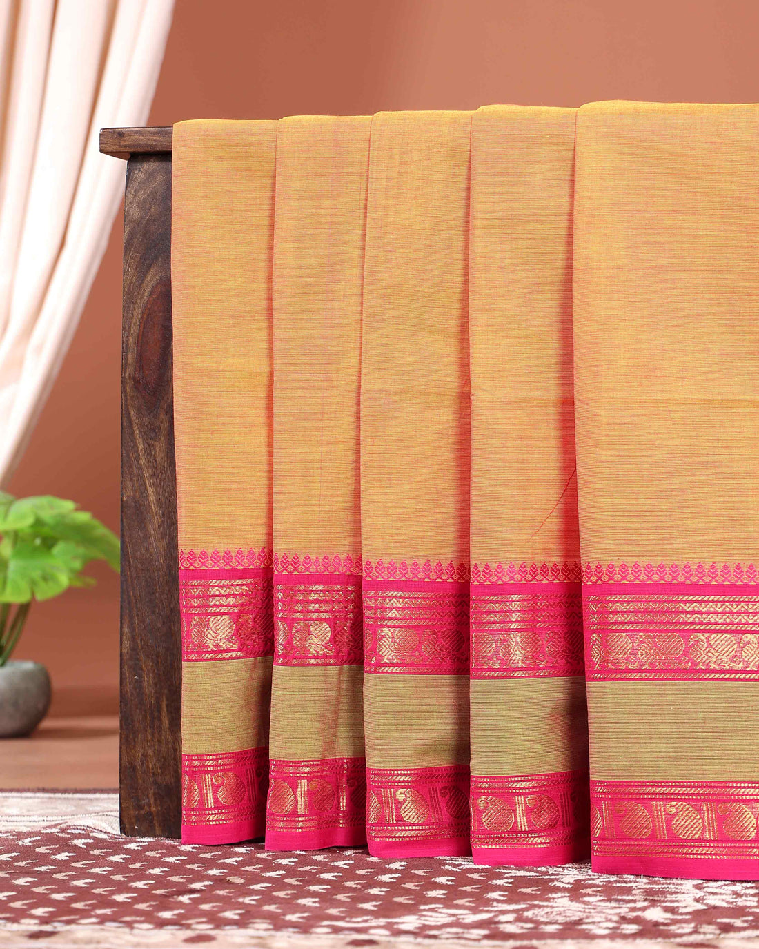 Traditional Handloom Kanchi Cotton Saree with Traditional Temple Border and Zari Motifs - Yellow