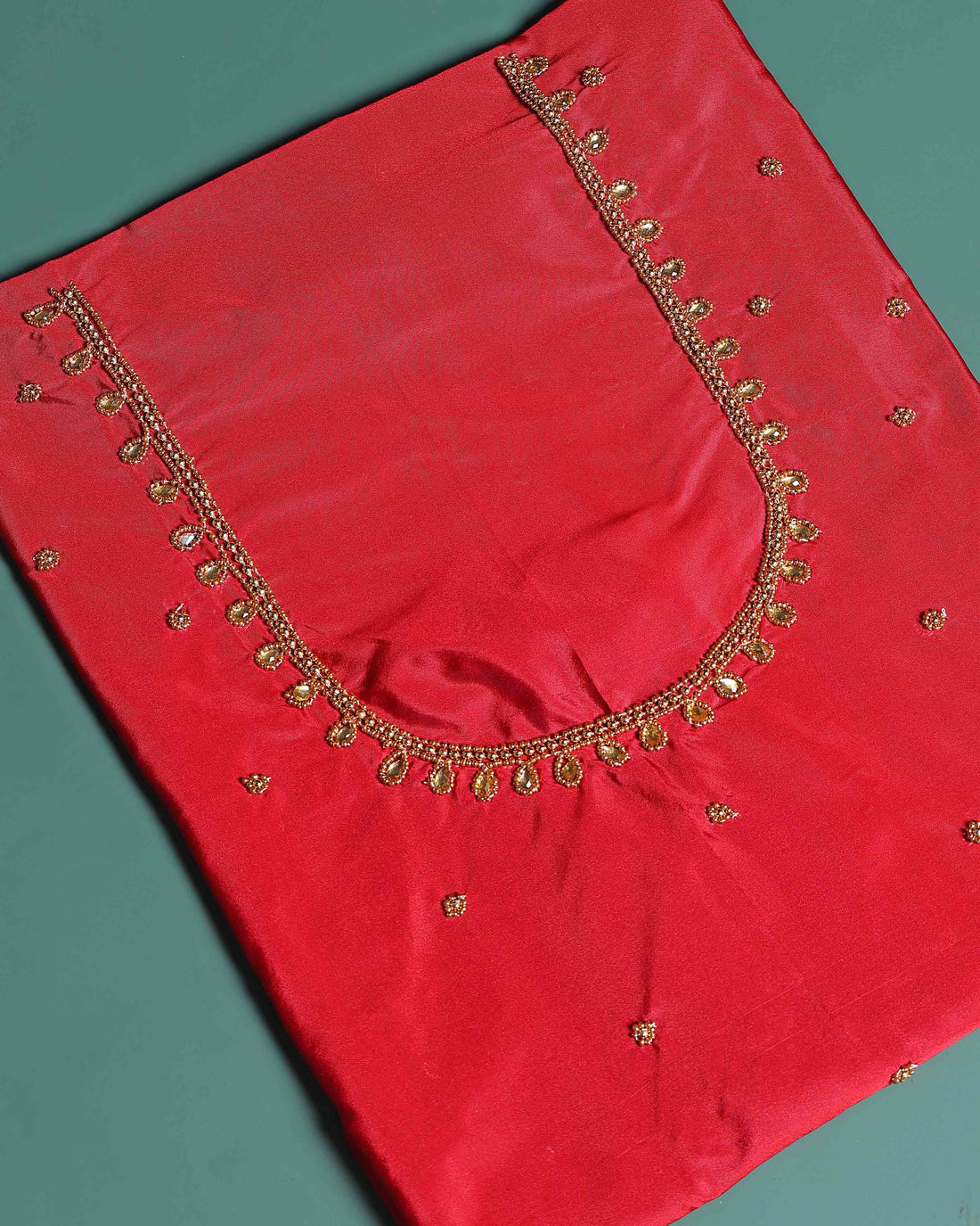 Traditional Embroidered Designer Blouse Material with Intricate Bead and Thread Work -Red