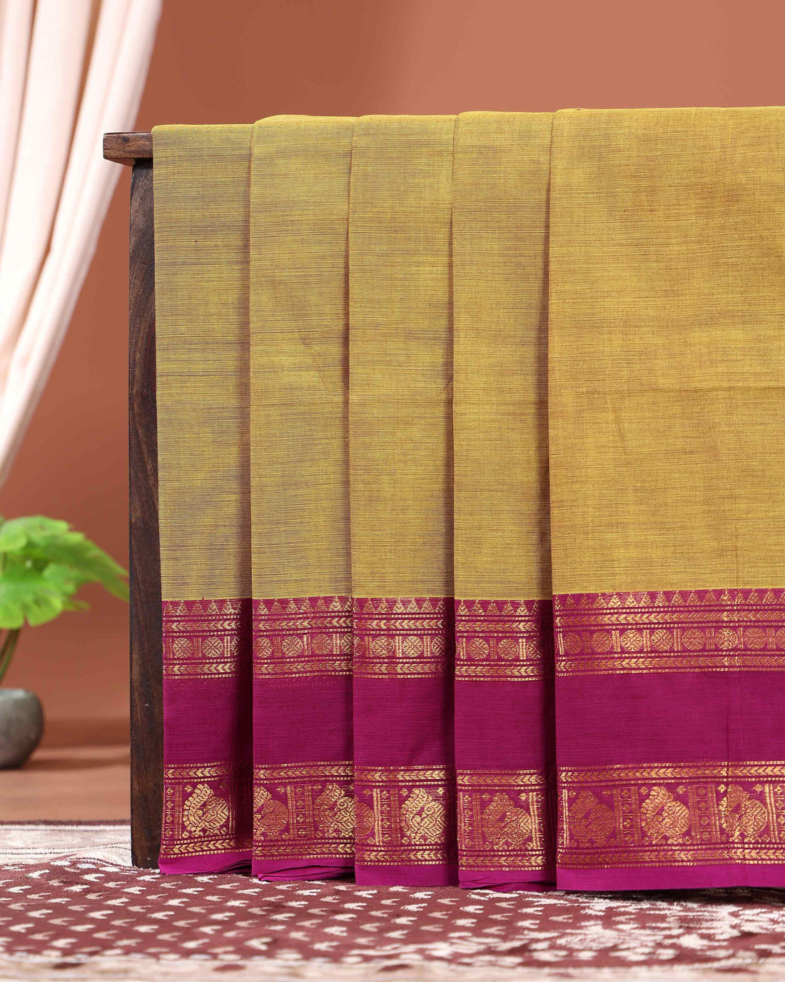 Traditional Handloom Kanchi Cotton Saree with Intricate Zari and Contrast Traditional Temple Border - Olive Green