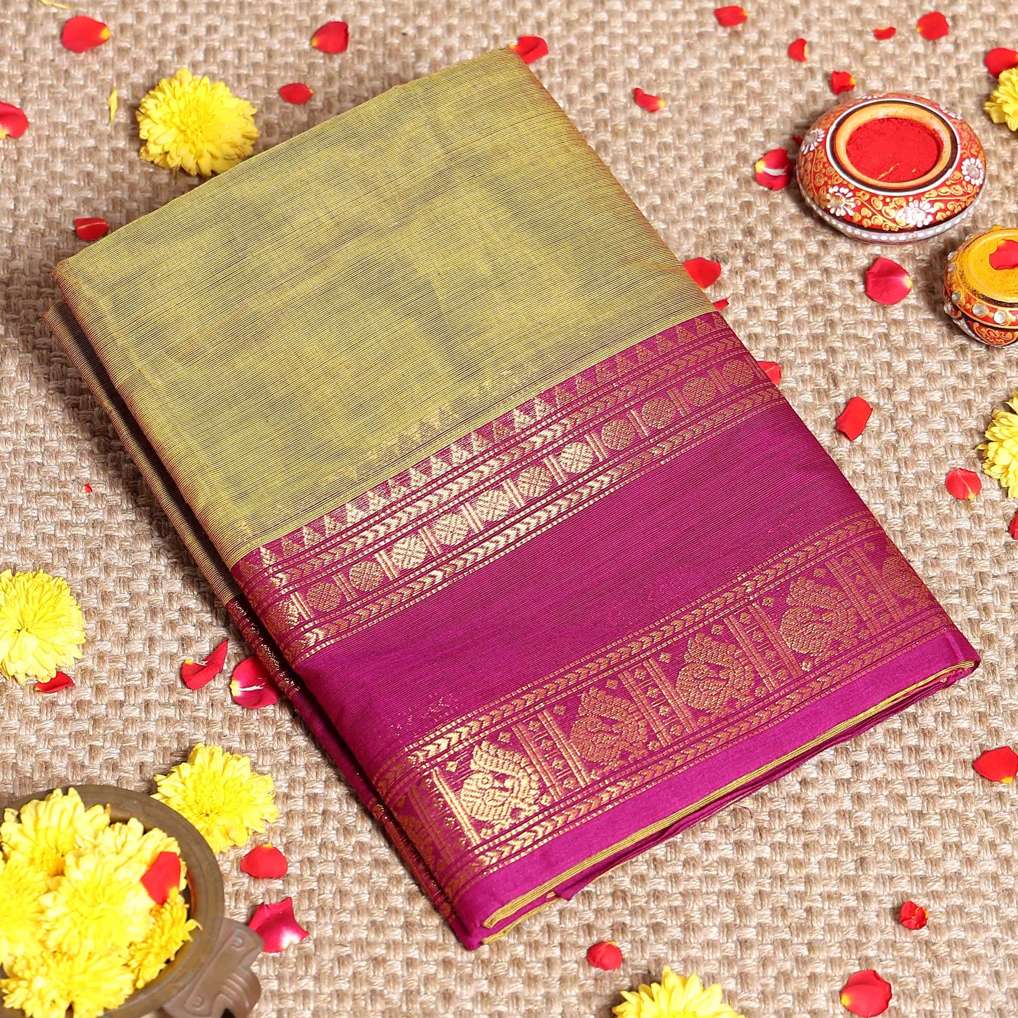 Traditional Handloom Kanchi Cotton Saree with Intricate Zari and Contrast Traditional Temple Border - Olive Green