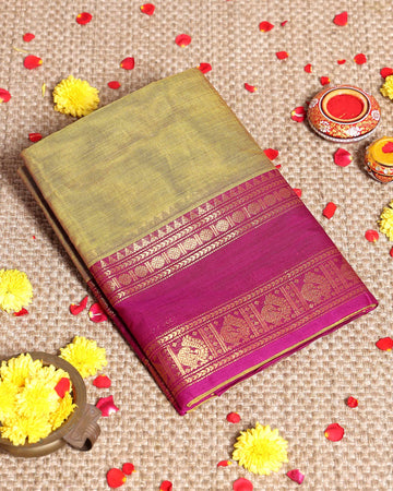 Traditional Handloom Kanchi Cotton Saree with Intricate Zari and Contrast Traditional Temple Border - Olive Green