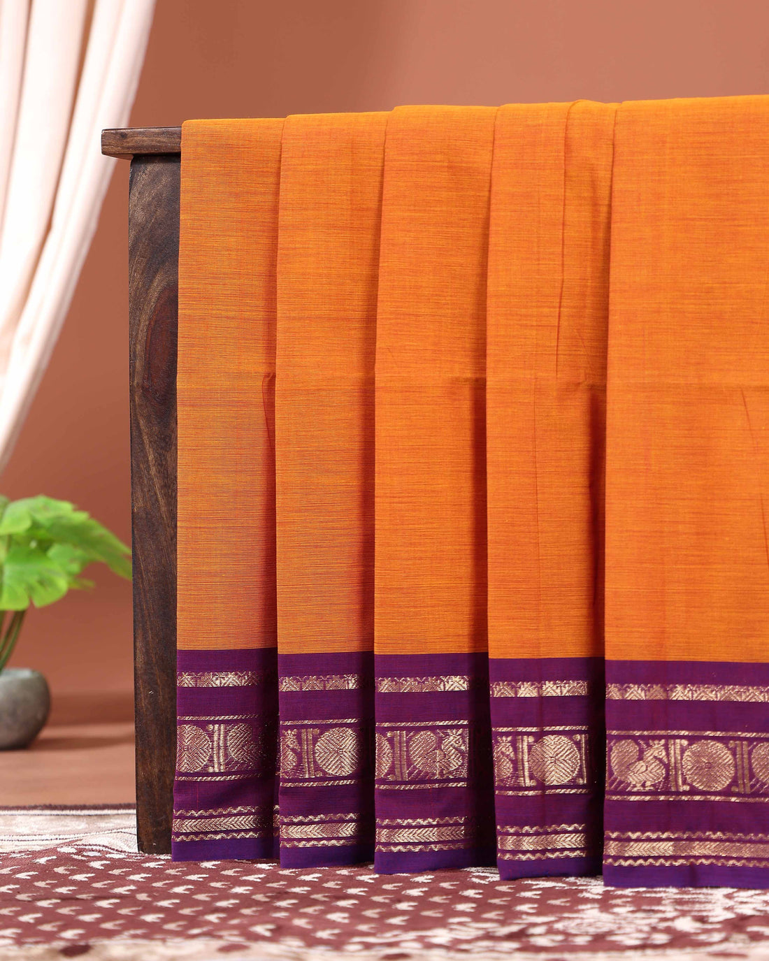 Elegant Handloom Kanchi Cotton Saree with Traditional Zari Peacock Motif Border - Orange
