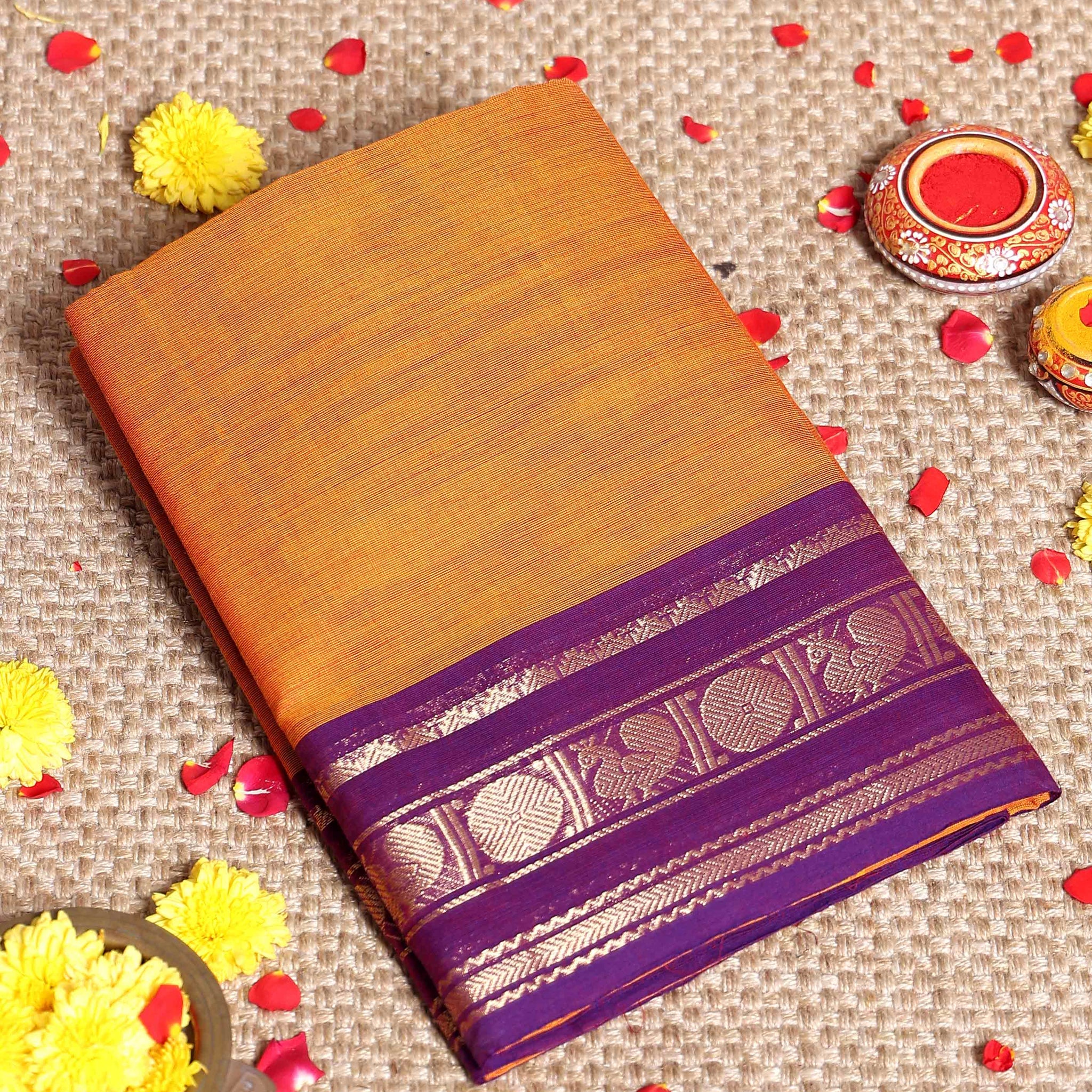 Elegant Handloom Kanchi Cotton Saree with Traditional Zari Peacock Motif Border - Orange