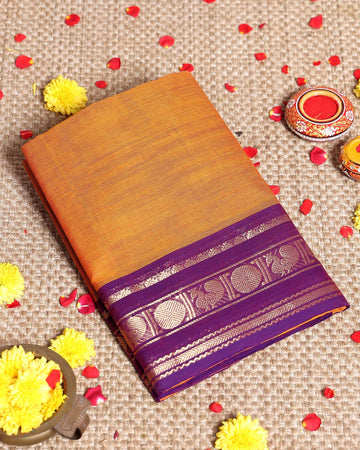 Elegant Handloom Kanchi Cotton Saree with Traditional Zari Peacock Motif Border - Orange