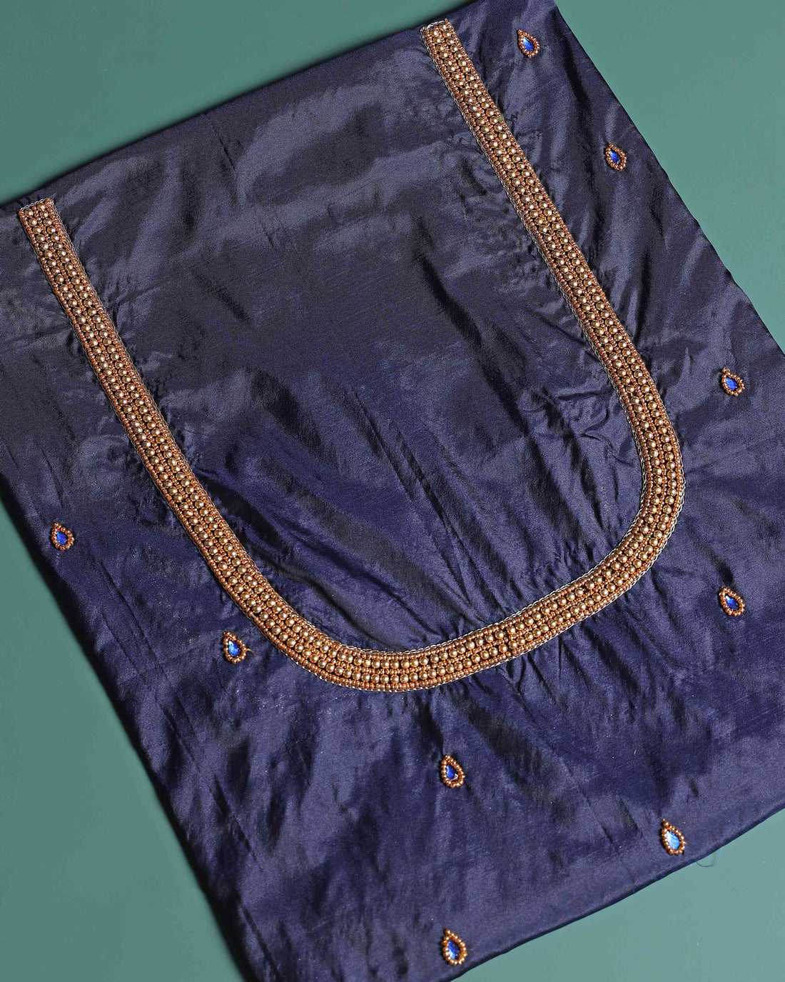 Elegant Embroidered Designer Blouse Material with Intricate Bead and Thread Work - Navy Blue