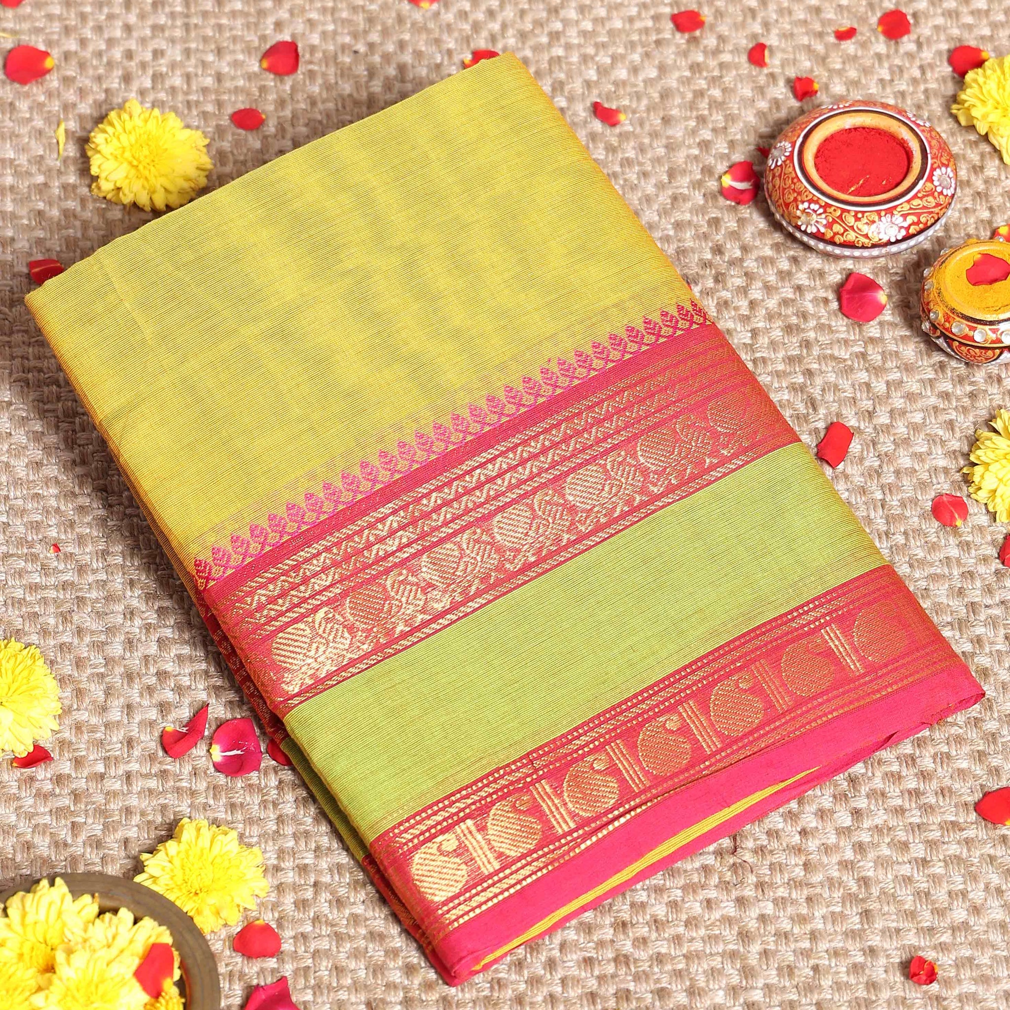 Elegant Handloom Kanchi Cotton Saree with Traditional Temple and Peacock Border - Parrot Green