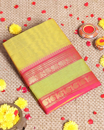 Elegant Handloom Kanchi Cotton Saree with Traditional Temple and Peacock Border - Parrot Green