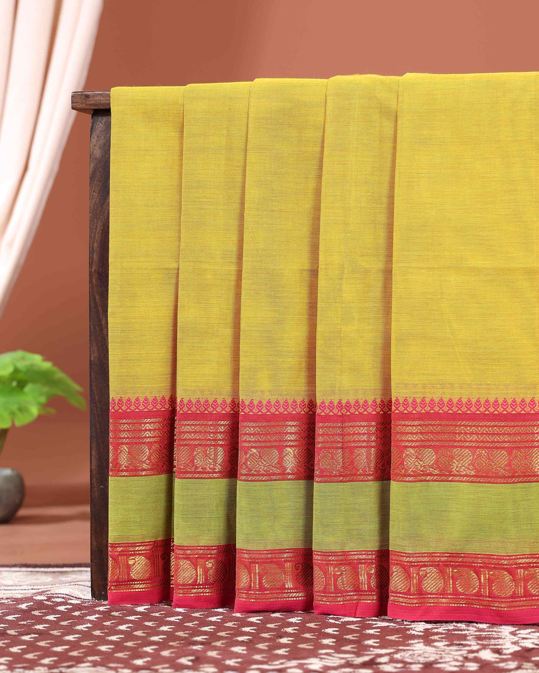 Elegant Handloom Kanchi Cotton Saree with Traditional Temple and Peacock Border - Parrot Green