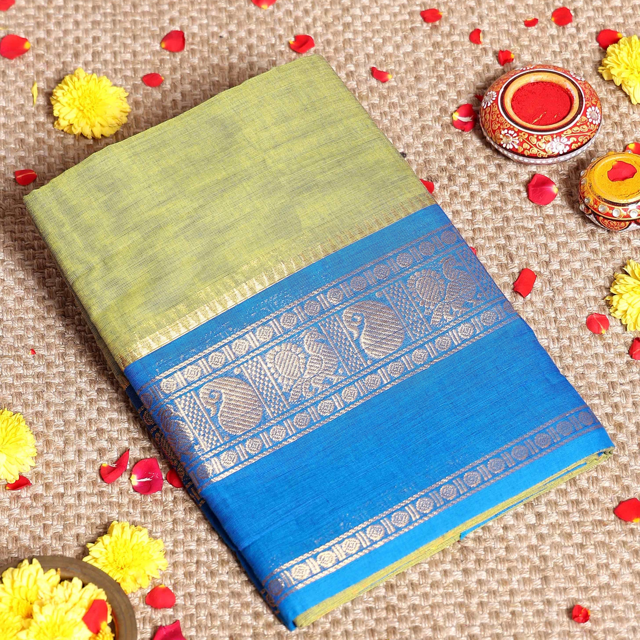 Elegant Handloom Kanchi Cotton Saree with Classic Temple Border and Intricate Motifs - Olive Green