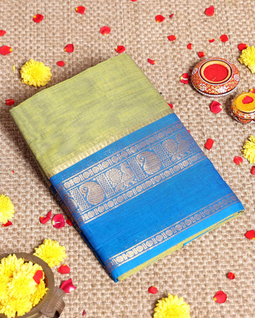 Elegant Handloom Kanchi Cotton Saree with Classic Temple Border and Intricate Motifs - Olive Green