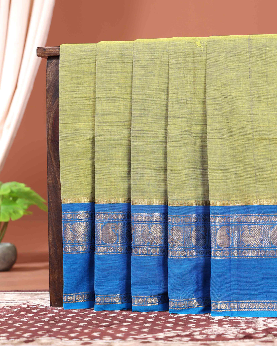 Elegant Handloom Kanchi Cotton Saree with Classic Temple Border and Intricate Motifs - Olive Green