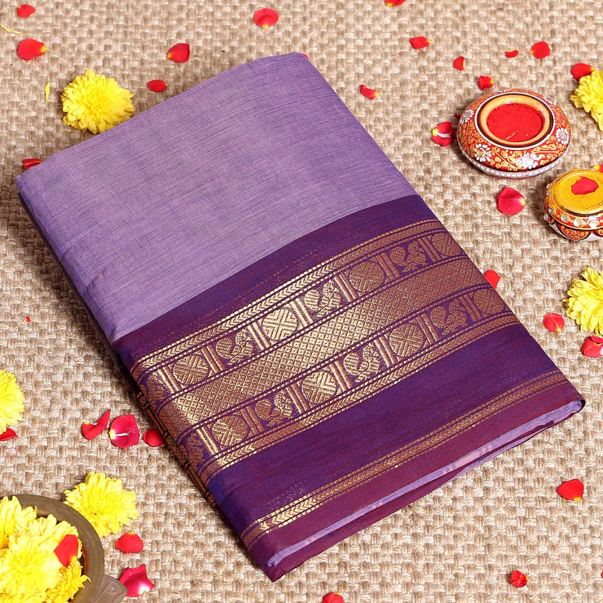 Elegant Handloom Kanchi Cotton Saree Traditional Contrast Border and Intricate Zari Motifs - Purple