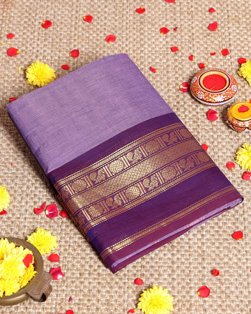 Elegant Handloom Kanchi Cotton Saree Traditional Contrast Border and Intricate Zari Motifs - Purple