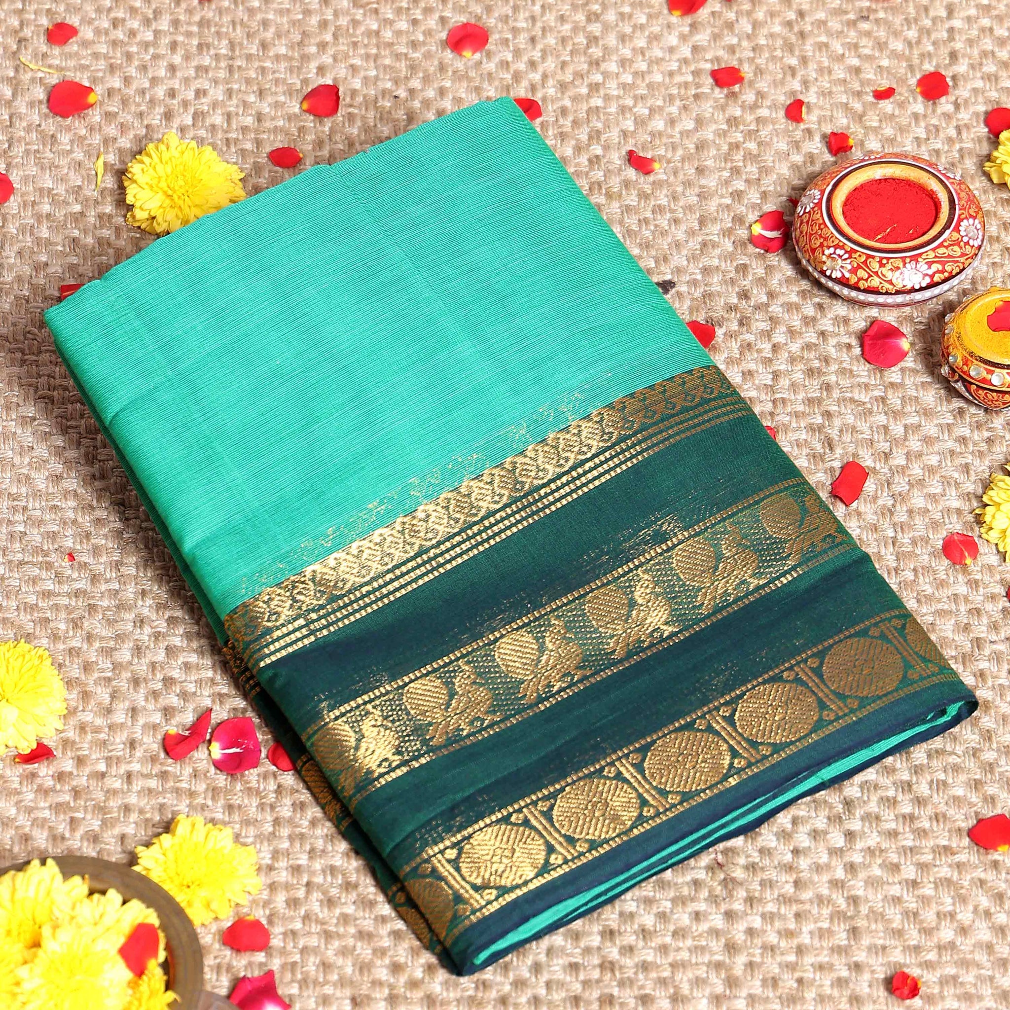 Elegant Handloom Kanchi Cotton Saree with Traditional Motifs Border -  Turquoise