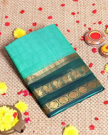 Elegant Handloom Kanchi Cotton Saree with Traditional Motifs Border -  Turquoise