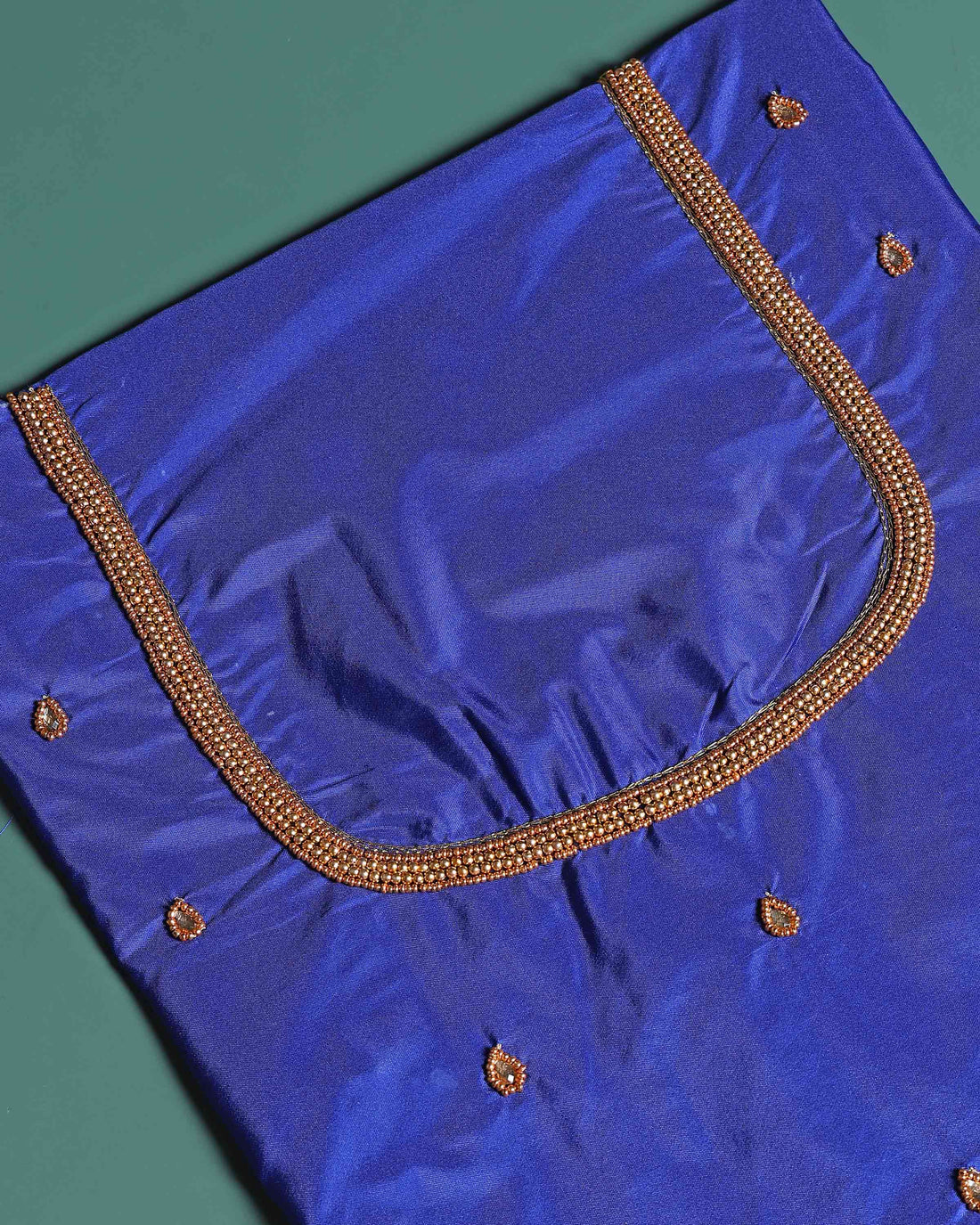 Traditional Hand-Embroidered Blouse Material with Aari Work - Blue