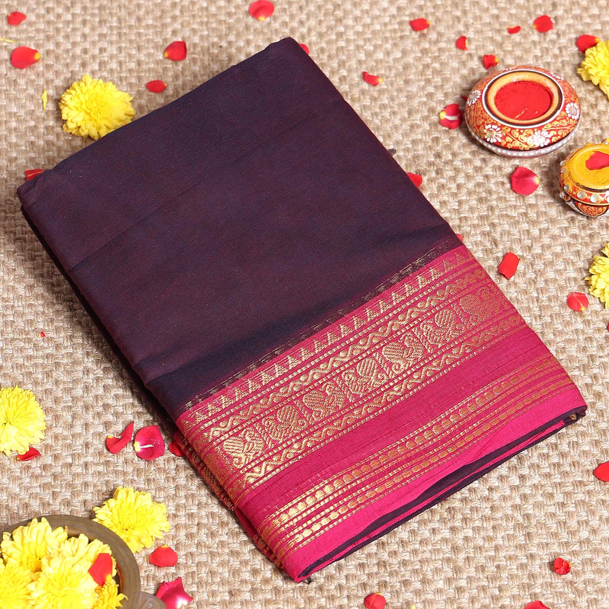 Traditional Kanchi Cotton Saree with Classic Temple Border and Zari Details - Dark Purple