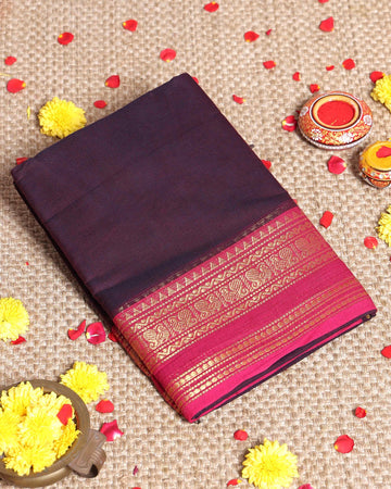 Traditional Kanchi Cotton Saree with Classic Temple Border and Zari Details - Dark Purple