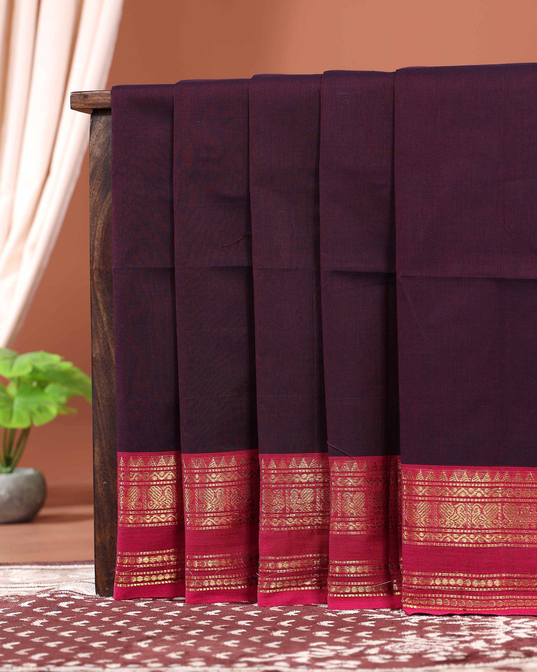 Traditional Kanchi Cotton Saree with Classic Temple Border and Zari Details - Dark Purple