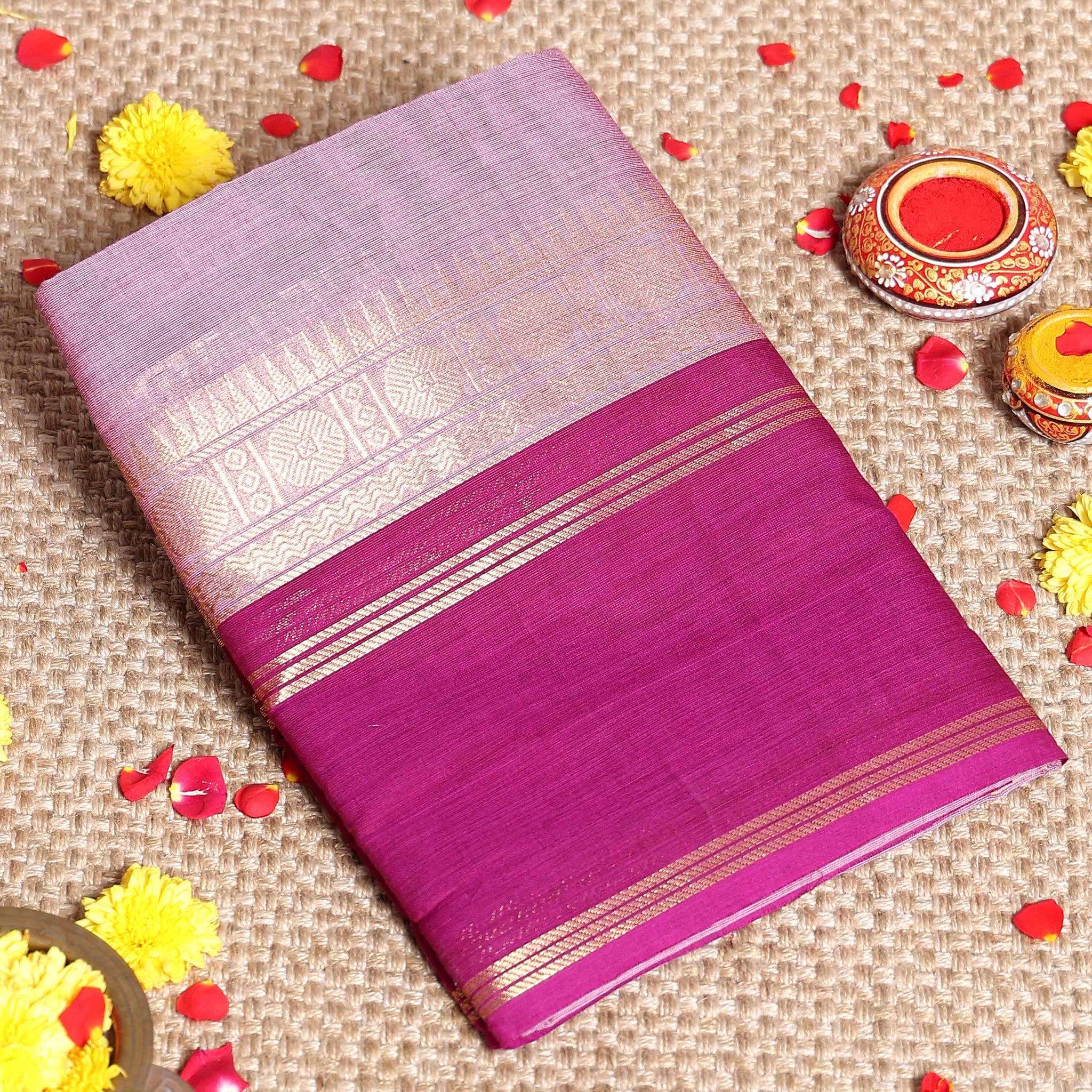Traditional Kanchi Cotton Saree with Classic Temple Border and Zari Details - Onion Pink