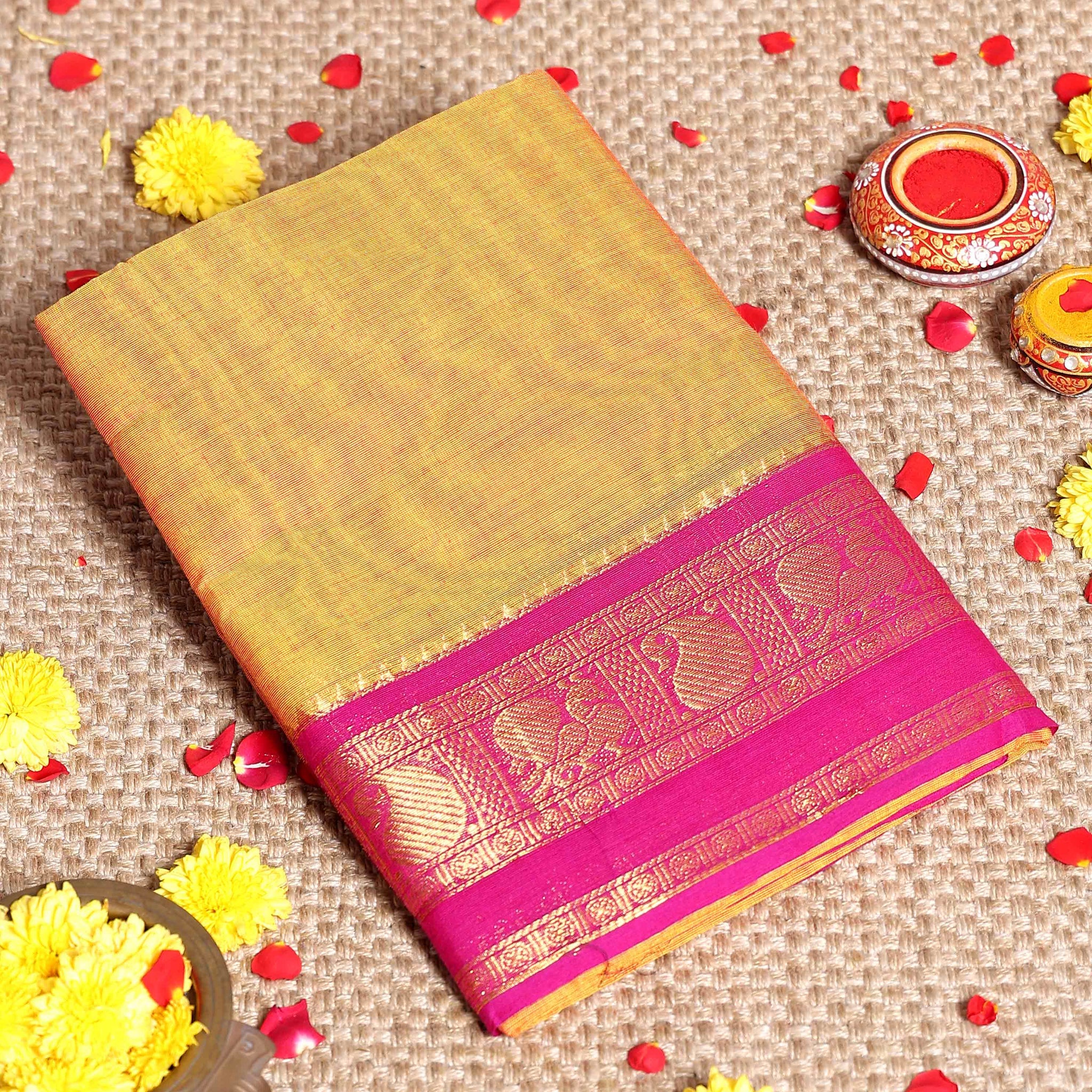 Traditional Handloom Kanchi Cotton Saree with Intricate Zari Temple Border and Traditional Motifs - Yellow