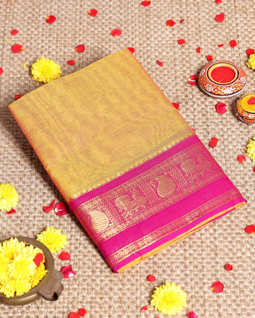 Traditional Handloom Kanchi Cotton Saree with Intricate Zari Temple Border and Traditional Motifs - Yellow