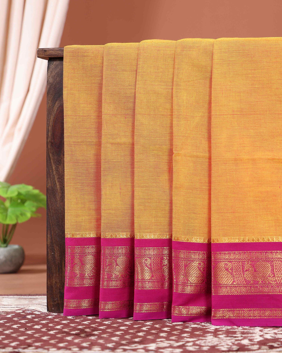 Traditional Handloom Kanchi Cotton Saree with Intricate Zari Temple Border and Traditional Motifs - Yellow