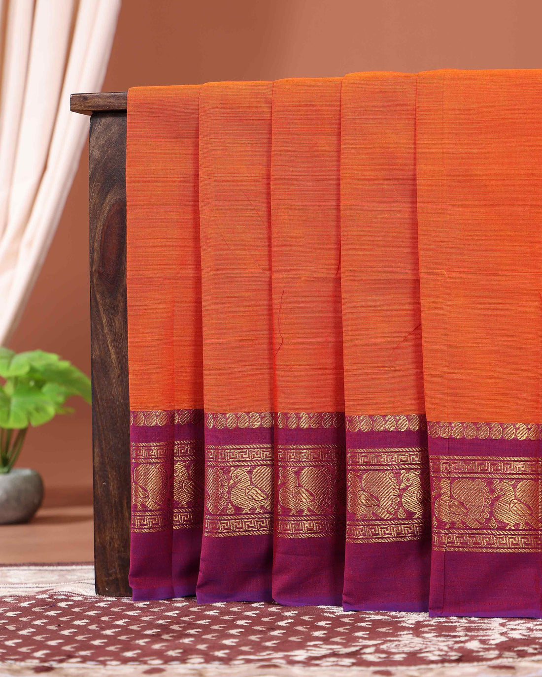 Traditional Handloom Kanchi Cotton Handloom Saree with Traditional Motif Zari Border - Orange