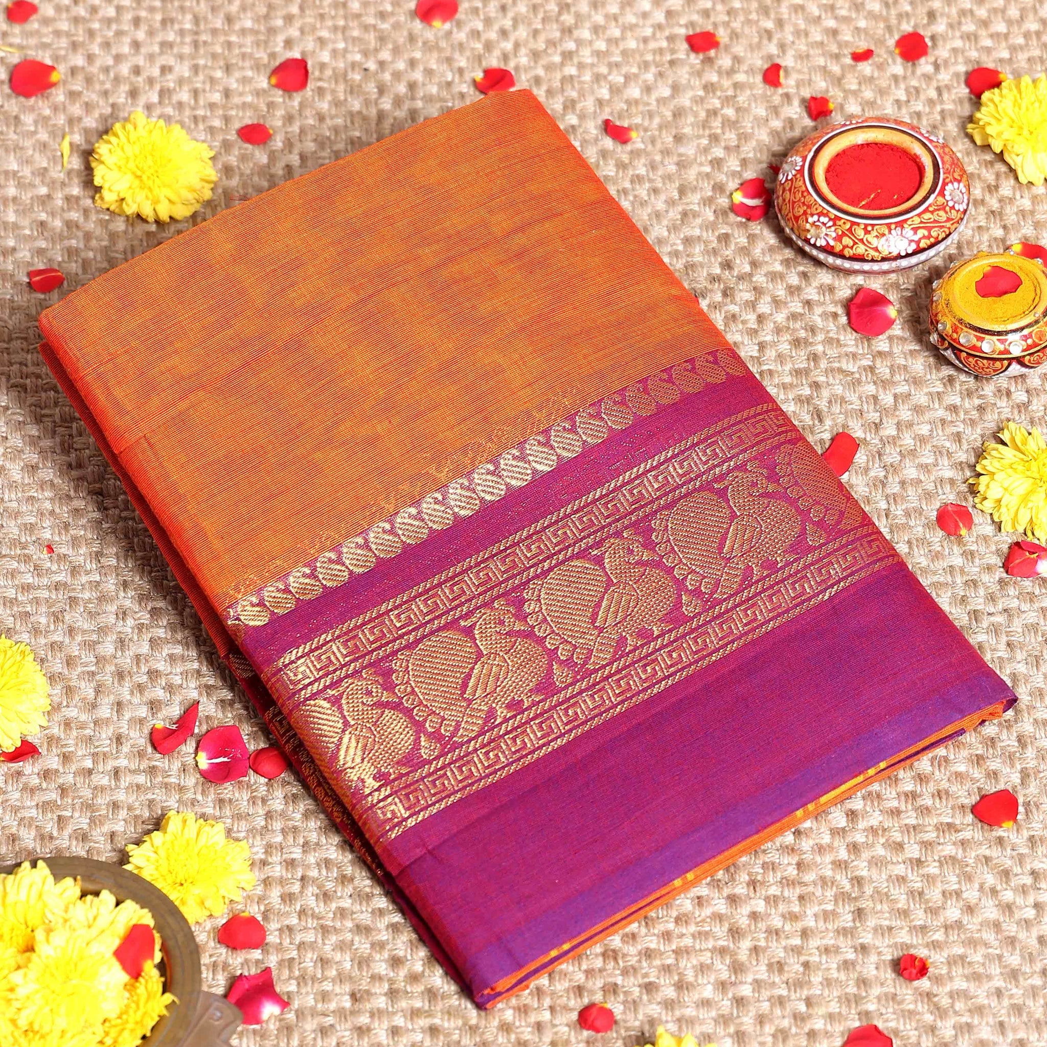 Traditional Handloom Kanchi Cotton Handloom Saree with Traditional Motif Zari Border - Orange