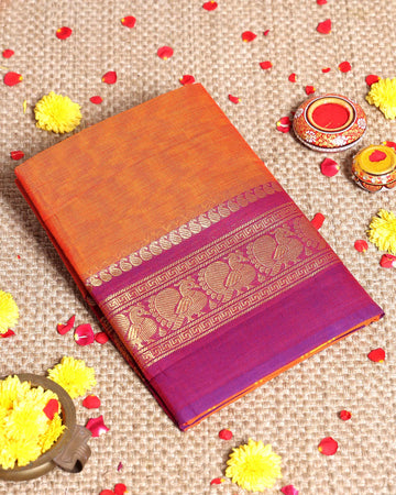 Traditional Handloom Kanchi Cotton Handloom Saree with Traditional Motif Zari Border - Orange