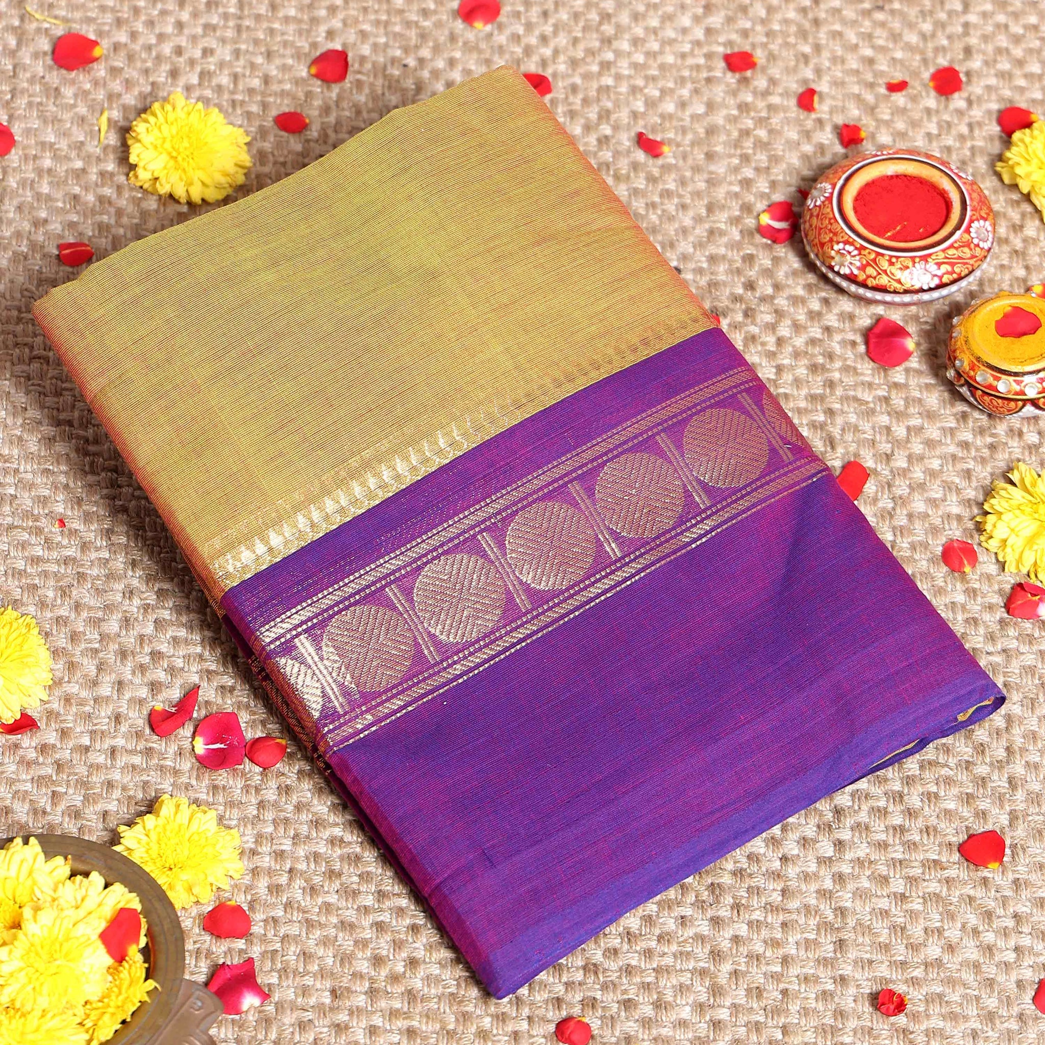 Traditional Handloom Kanchi Cotton Saree with Traditional Zari Border and Motif Detailing - Olive Green