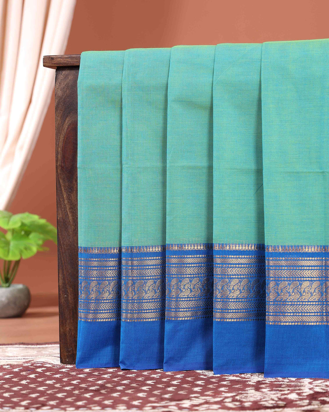 Traditional Handloom Authentic Handloom Kanchi Cotton Saree with Intricate Traditional Temple Border - Green