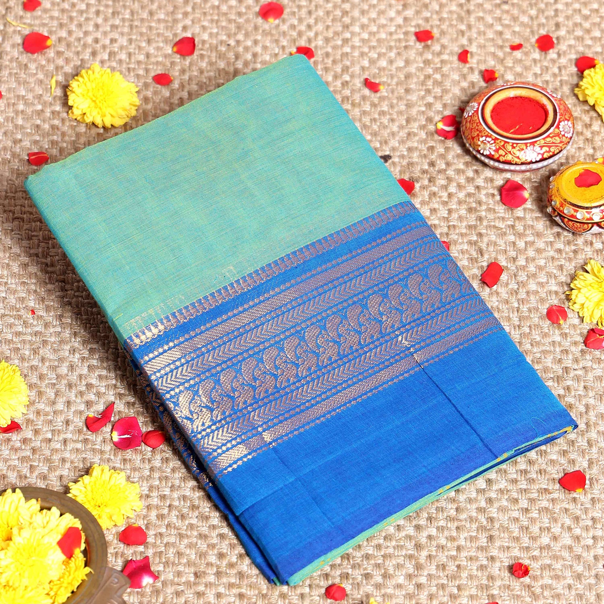 Traditional Handloom Kanchi Cotton Saree with Intricate Traditional Temple Border - Green